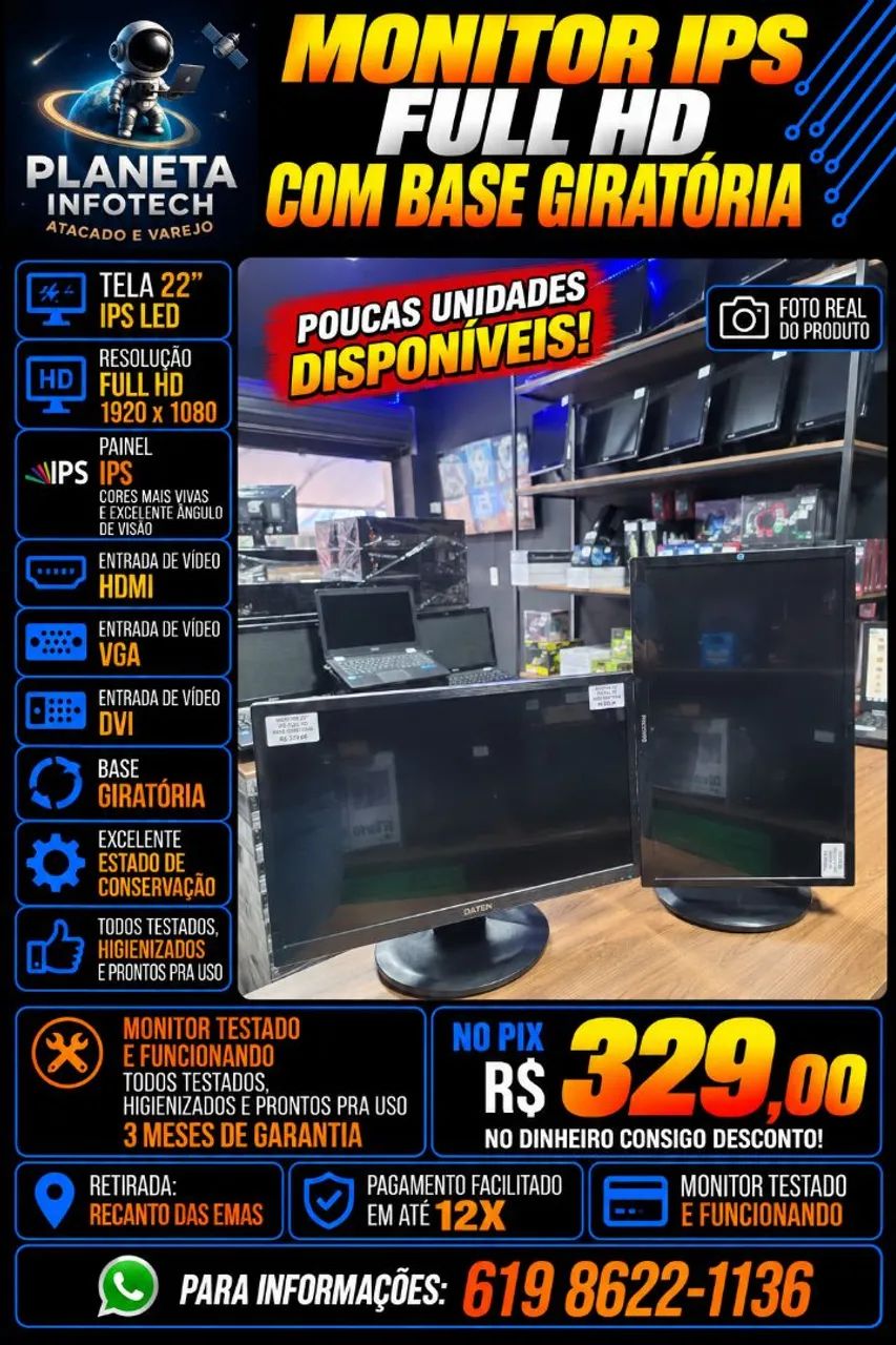Monitor IPS 22 Polegadas FULL HD com HDMI e base giratória ( com garantia )