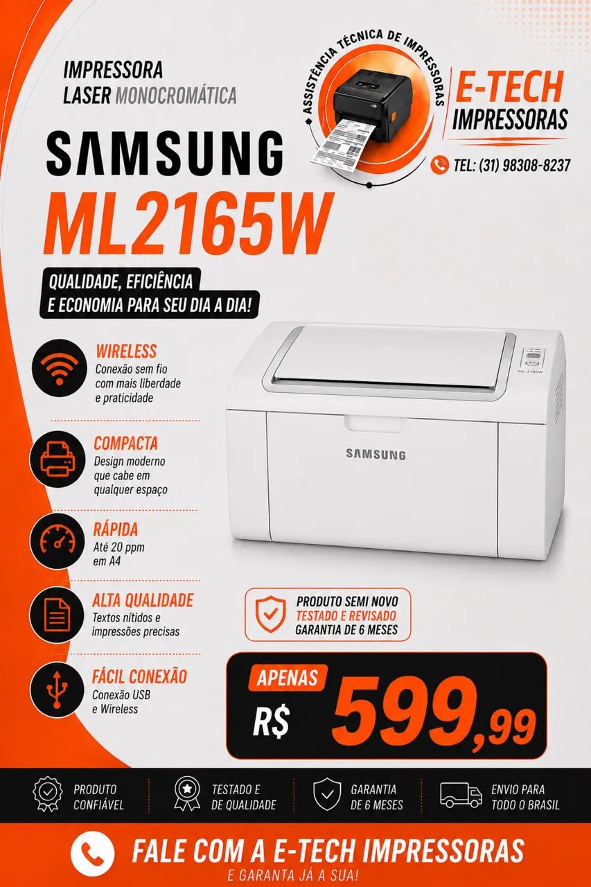 IMPRESSORA LASER MONOCROMÁTICA SAMSUNG ML2165W