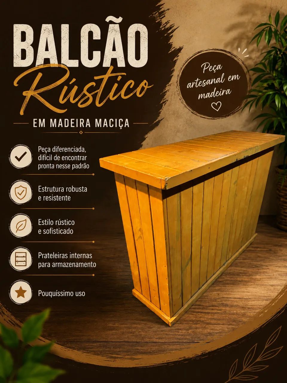 internas Balcão Rústico em Madeira Maciça