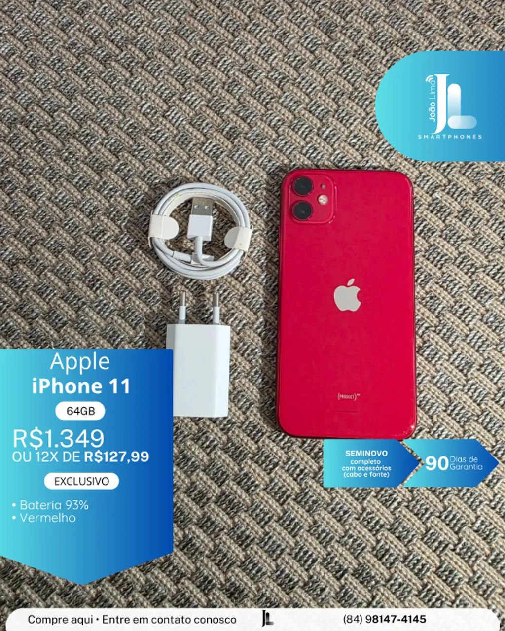 IPHONE 11, 64GB, VERMELHO, SEMINOVO, BATERIA 93%, SEM CAIXA