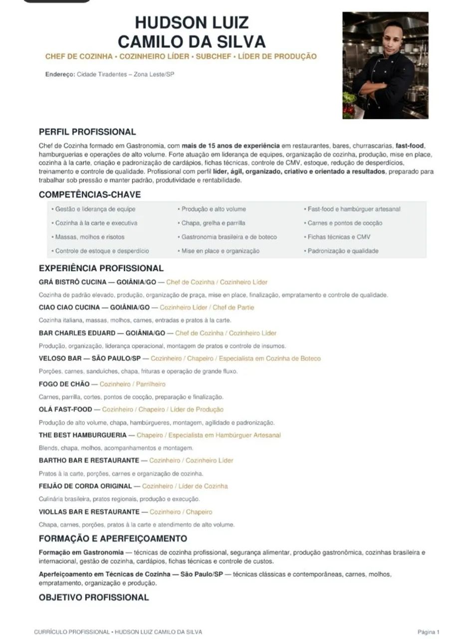 Chefe de cozinha  vasta experiência 