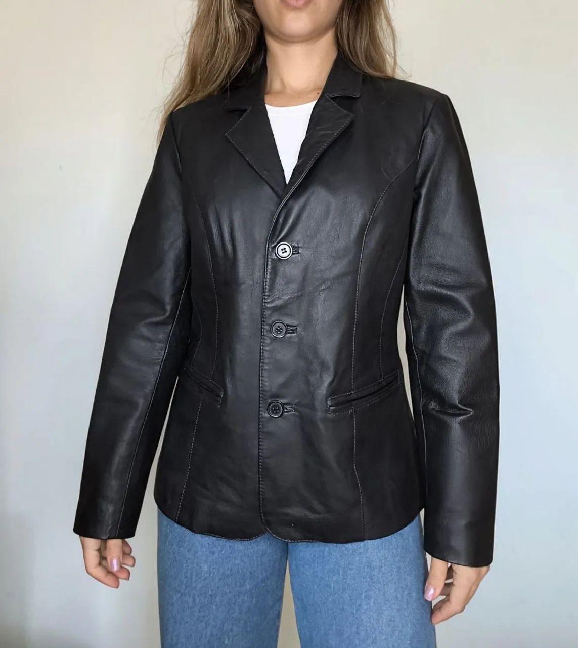 Jaqueta Blazer de couro legítimo preta feminina Tam M