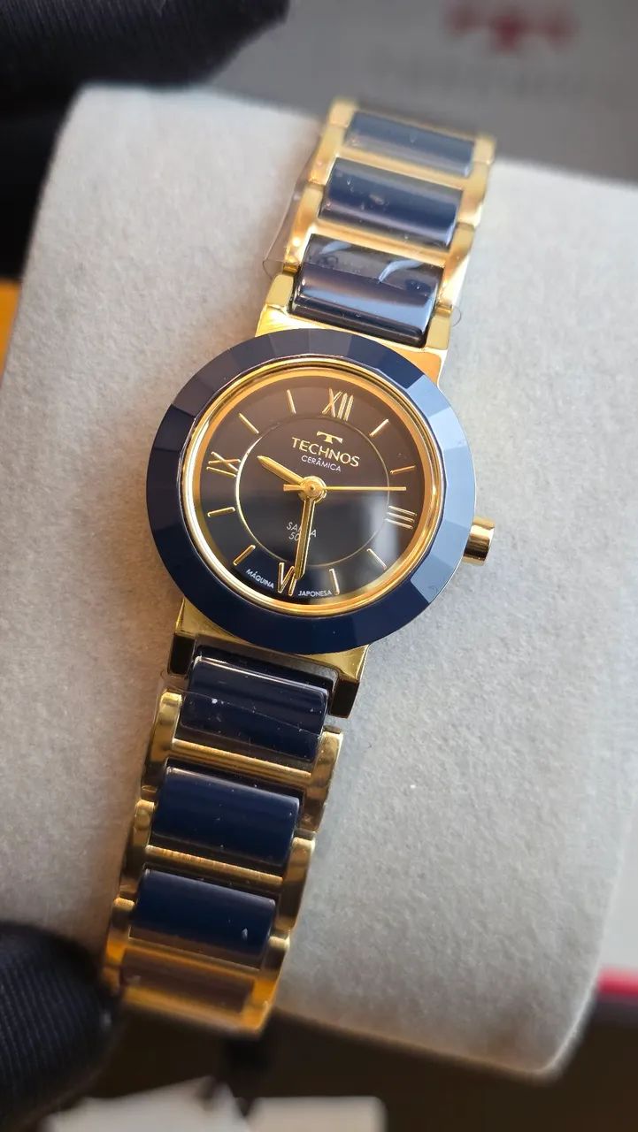 Relógio Technos Cerâmica Mini Azul com Dourado feminino 