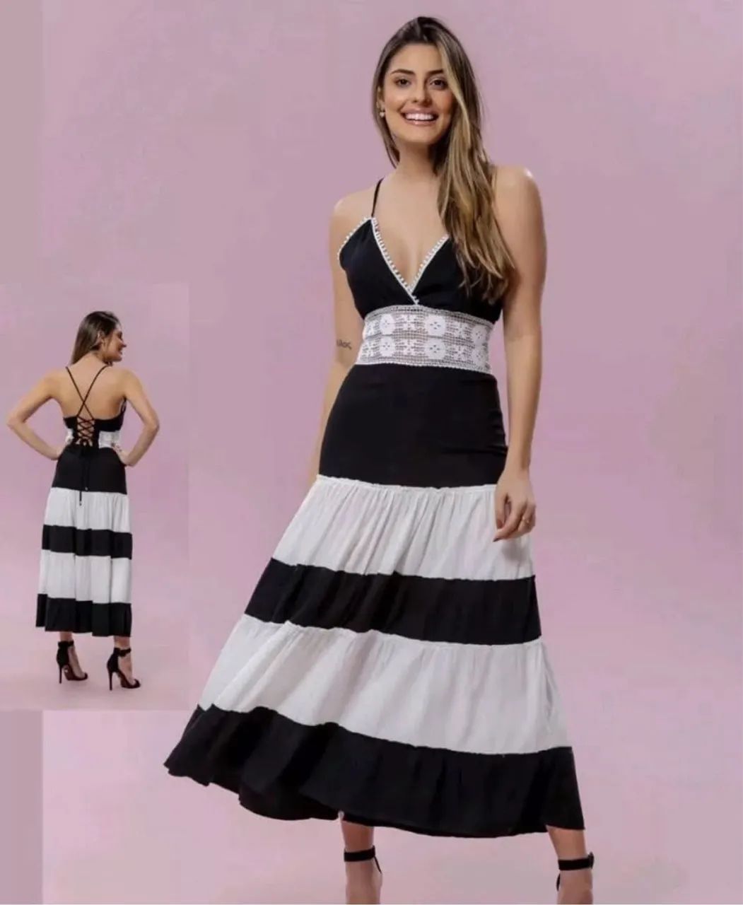 Vestido Longo Listrado Preto e Branco - Foto 3