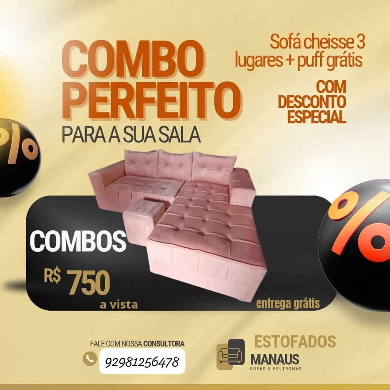 Sofá Cheisse 3 Lugares + Puff Grátis - Combo Perfeito - Foto 4