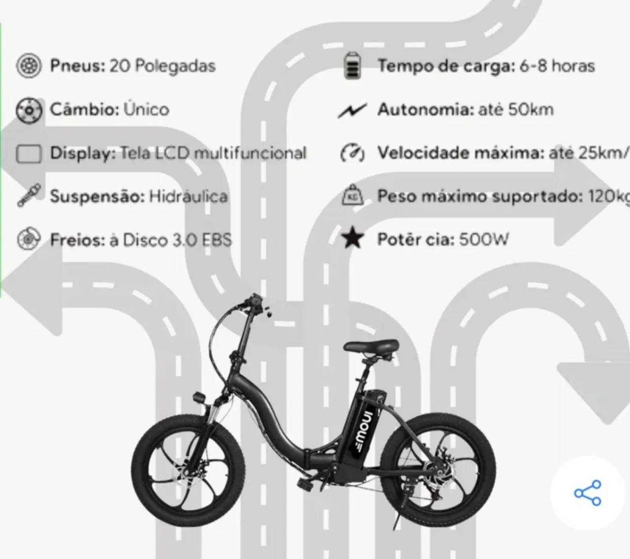Bicicleta Elétrica Dobrável 20 Polegadas Inow
