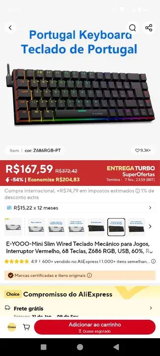 Teclado Mecânico Gamer E-YOOO Mini Slim Wired Z686 RGB - 60% - Vermelho