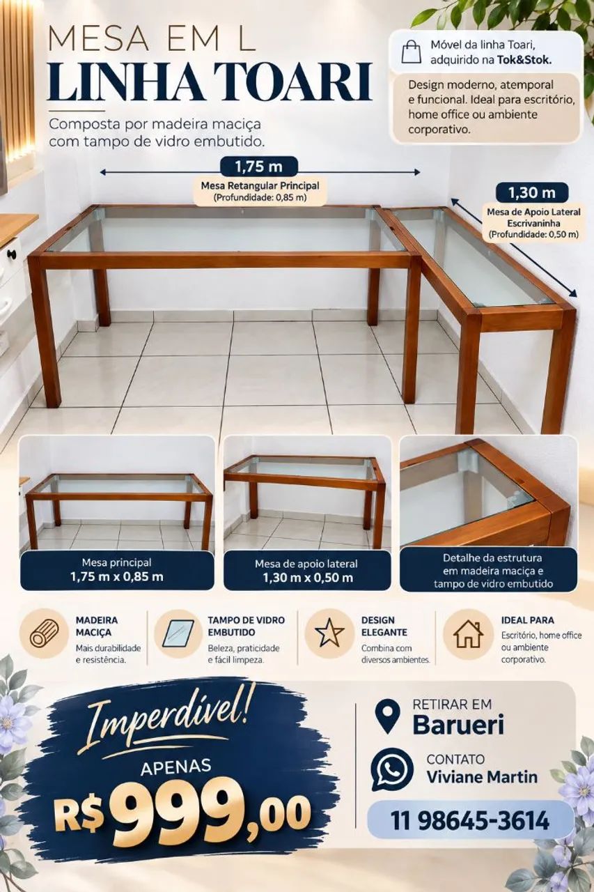 Mesa de madeira com vidro embutido 