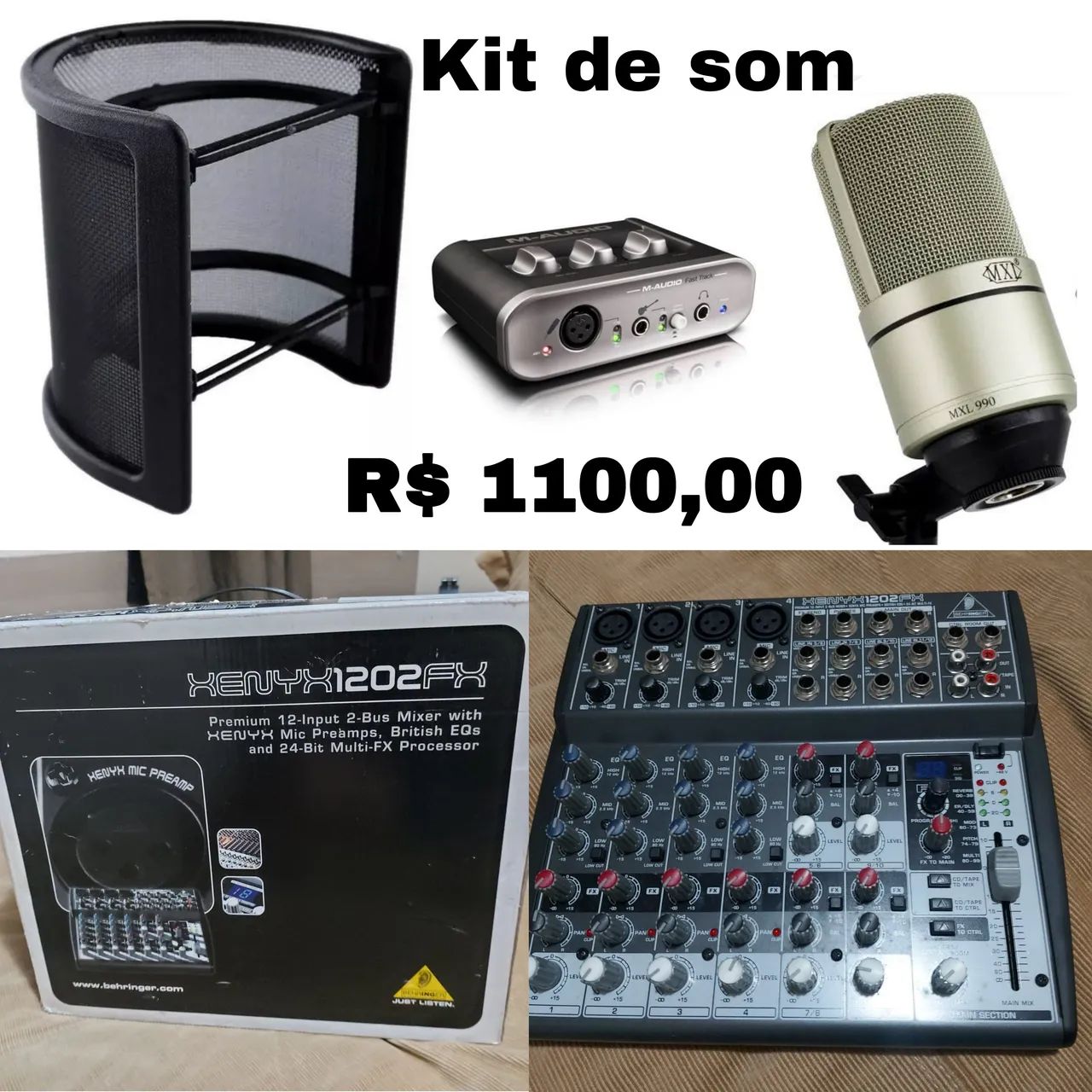 Kit mesa de som e microfone profissionais 