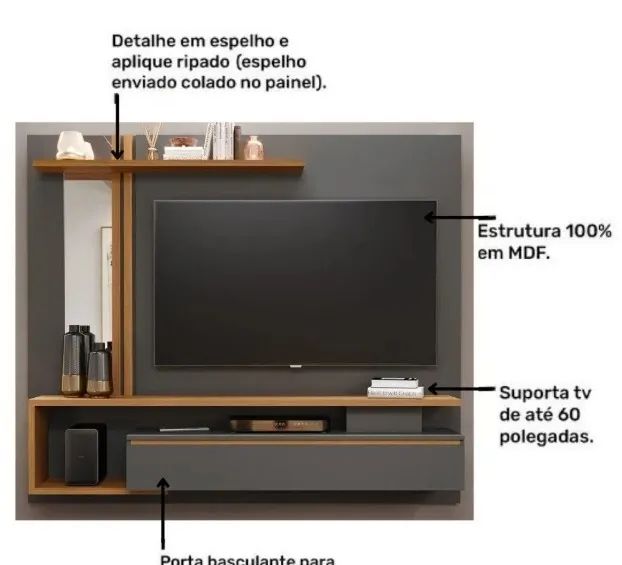 Painel Para Tv Até 60 Polegadas 100% MDF 1 Porta Basculante Nicho e Espelho Treviso  - Foto 3