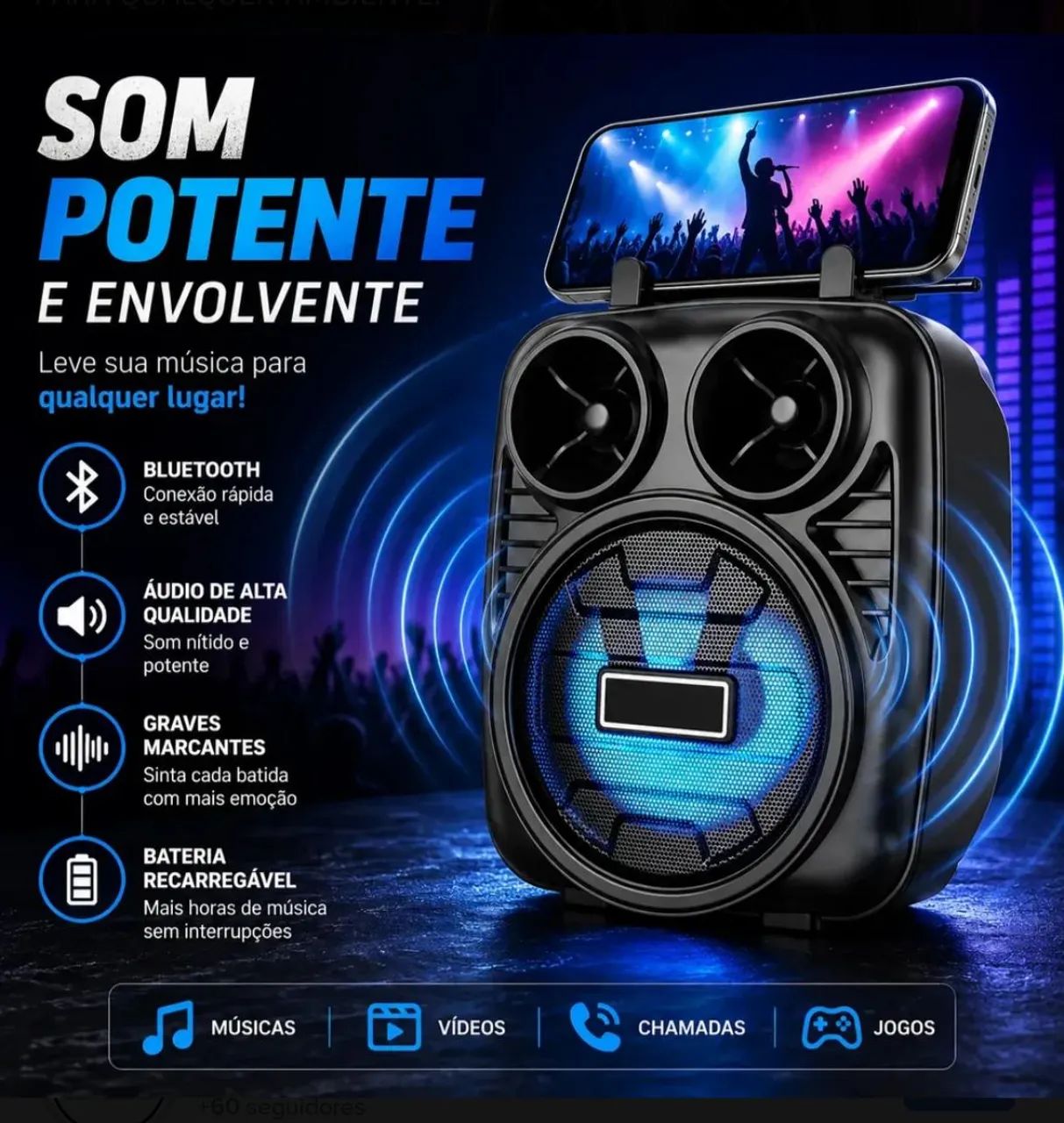 Caixa de Som Bluetooth Portátil com LED RGB e apoio para celular  - Foto 4