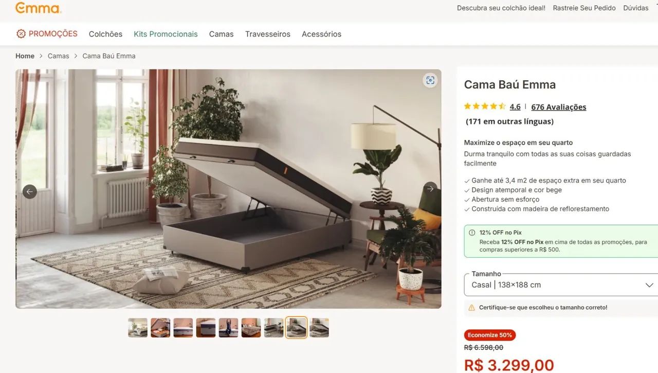  Aprox 60% off. Cama box bau Emma Casal (sem colchão) 