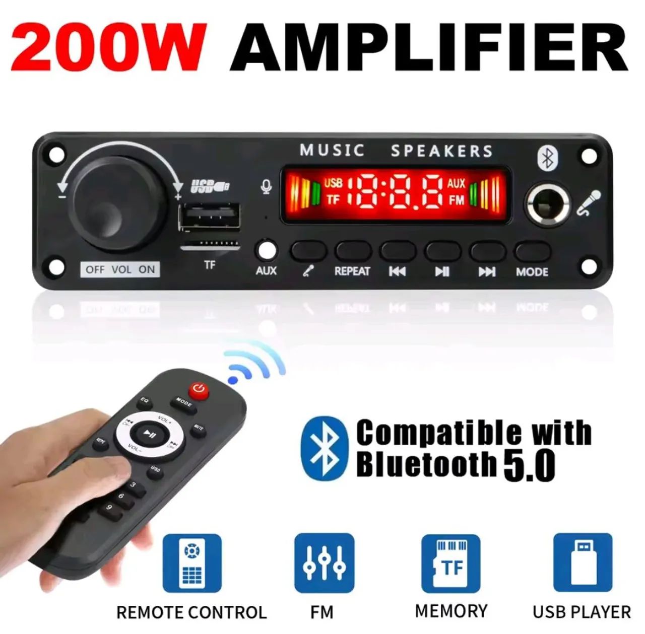 Decodificador Amplificador 200w 2x100W Bluetooth,Aux,Pendrive,FM