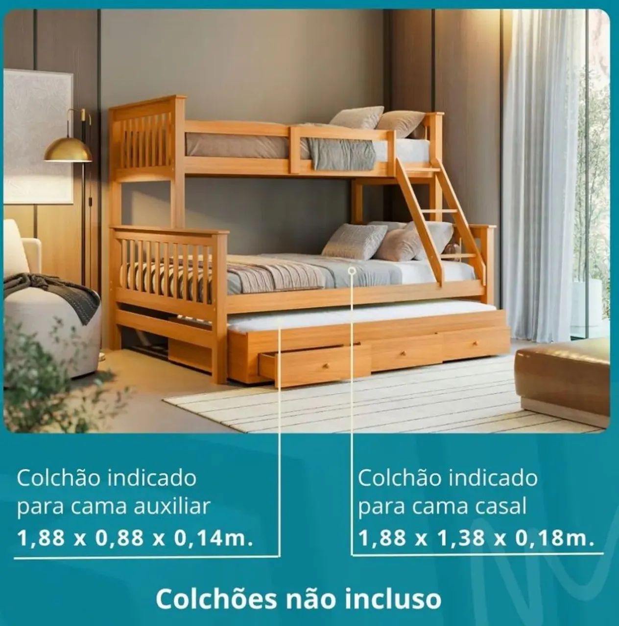 Solid Wood Bunk Bed with Double Bed64317204324097122