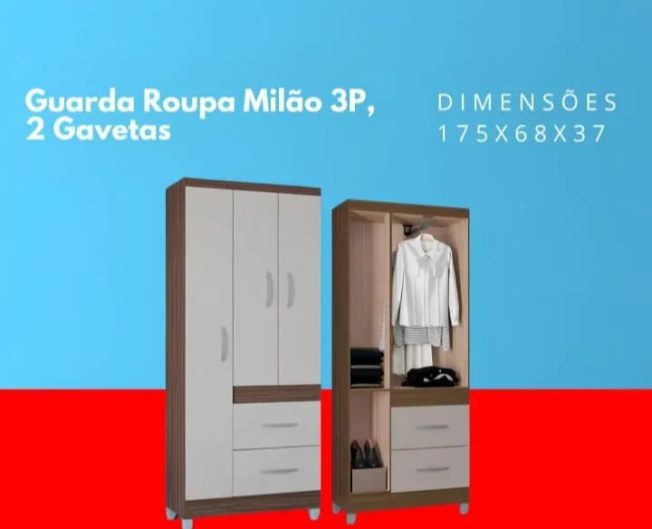 Guarda Roupa Milão 3P 2 Gavetas - Dimensões: 175x68x37