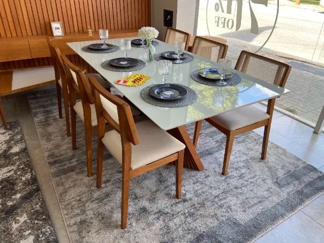 Mesa de Jantar 2m com Base Ripada e 6 Cadeiras com Tela e Estofado em Linho - Foto 3