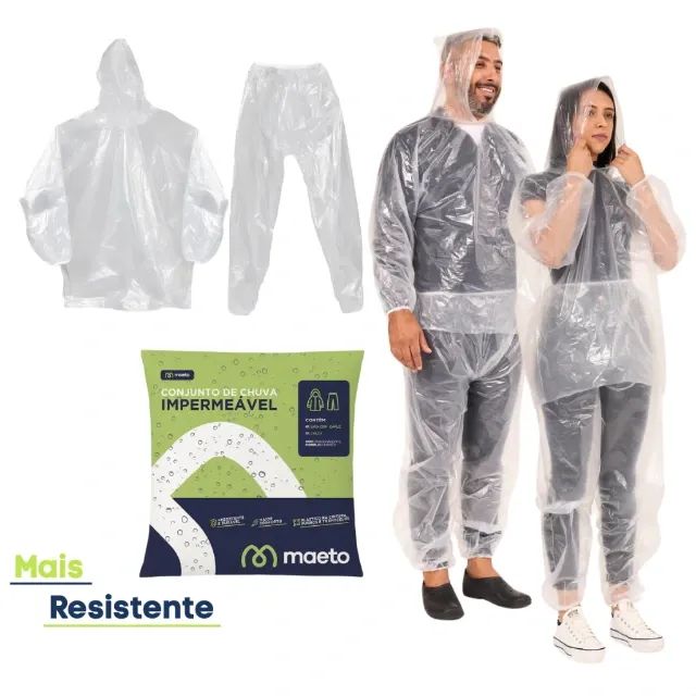 Conjunto Capa de Chuva Transparente com Elásticos Bata Calça Capuz Reutilizável Resistente