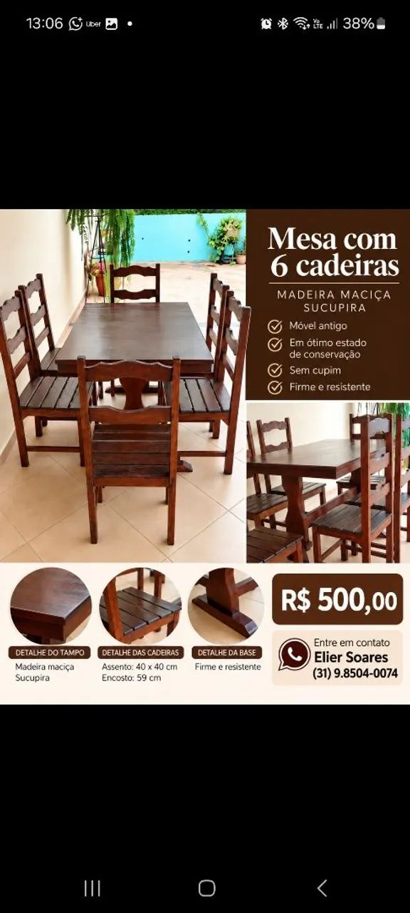 Mesa com 06 cadeiras de Sucupira