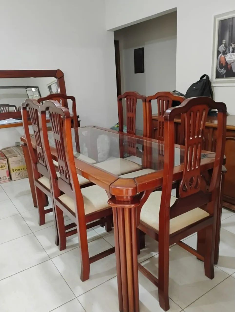 Conjunto de Jantar Mesa + 6 Cadeiras em Mogno Maciço - Usado - Foto 2