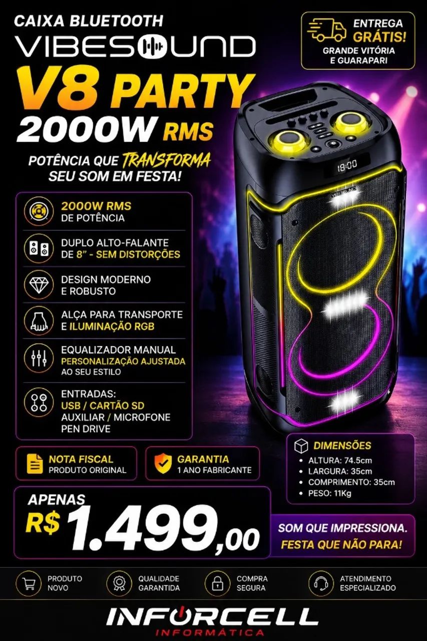 Caixa Bluetooth Vibesound V8 2000w Rms
