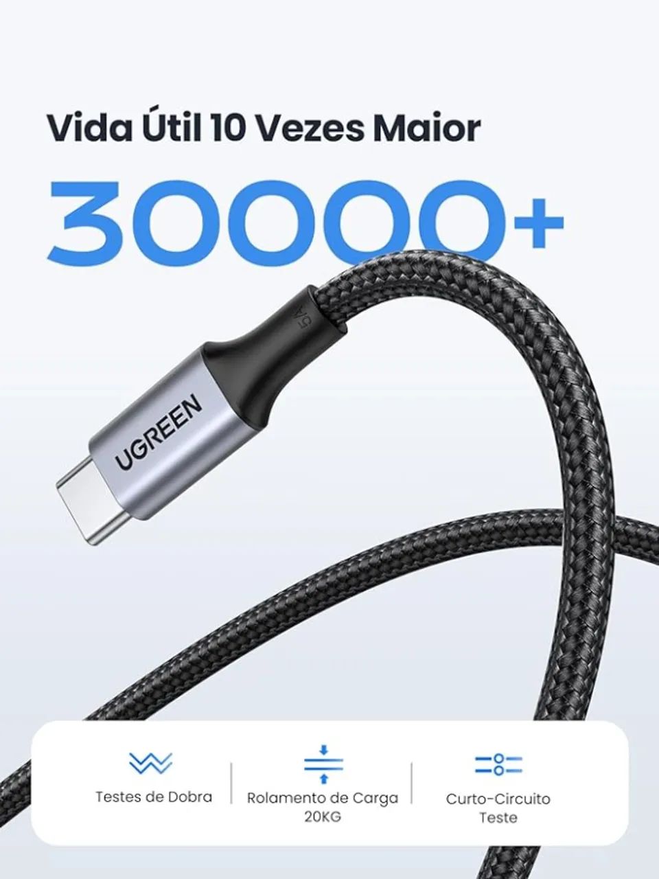 Cabo UGREEN USB-C para USB-C 100W 1m Alumínio  com Nylon Trançado Original - NOVO - Foto 3