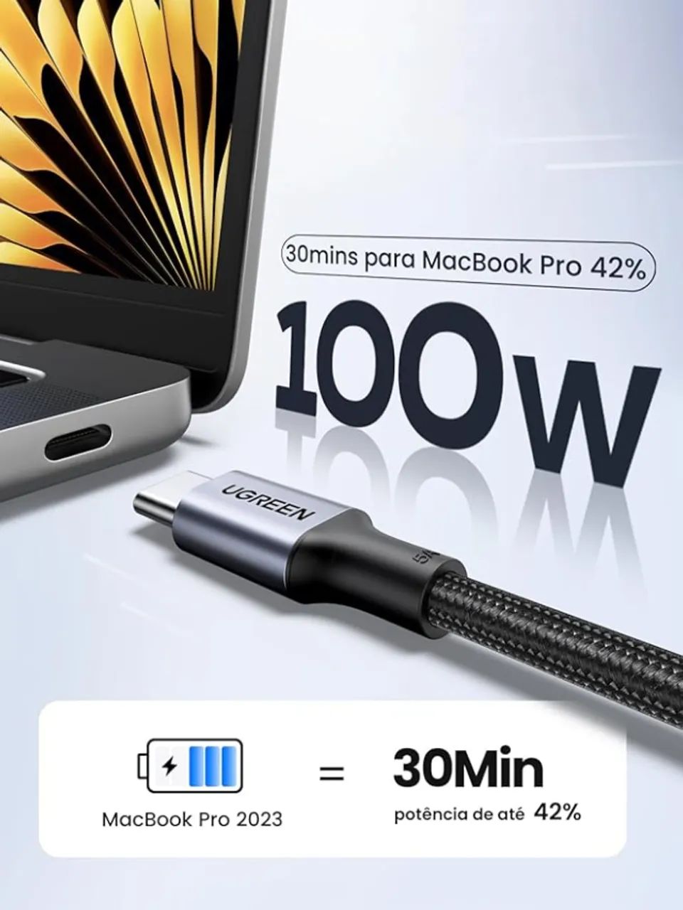 Cabo UGREEN USB-C para USB-C 100W 1m Alumínio  com Nylon Trançado Original - NOVO - Foto 5