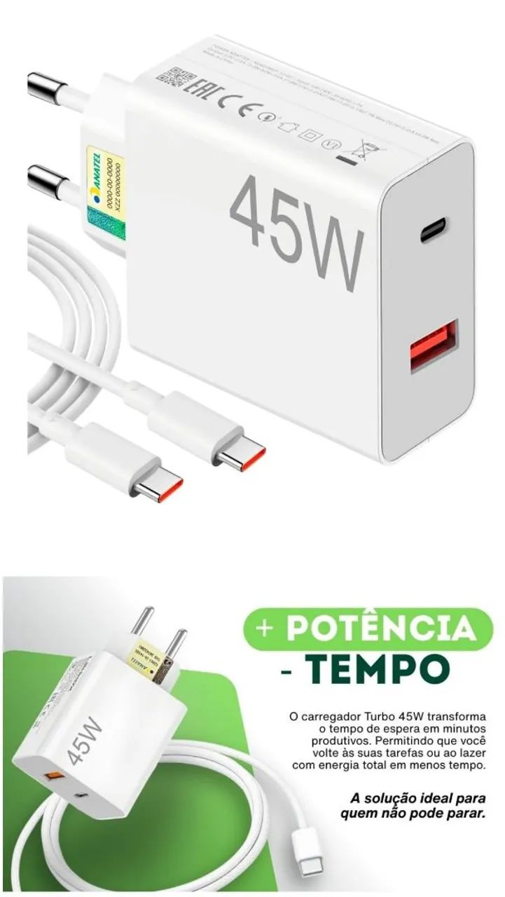 CCARREGADOR RÁPIDO USB TIPO C 45W - Foto 2