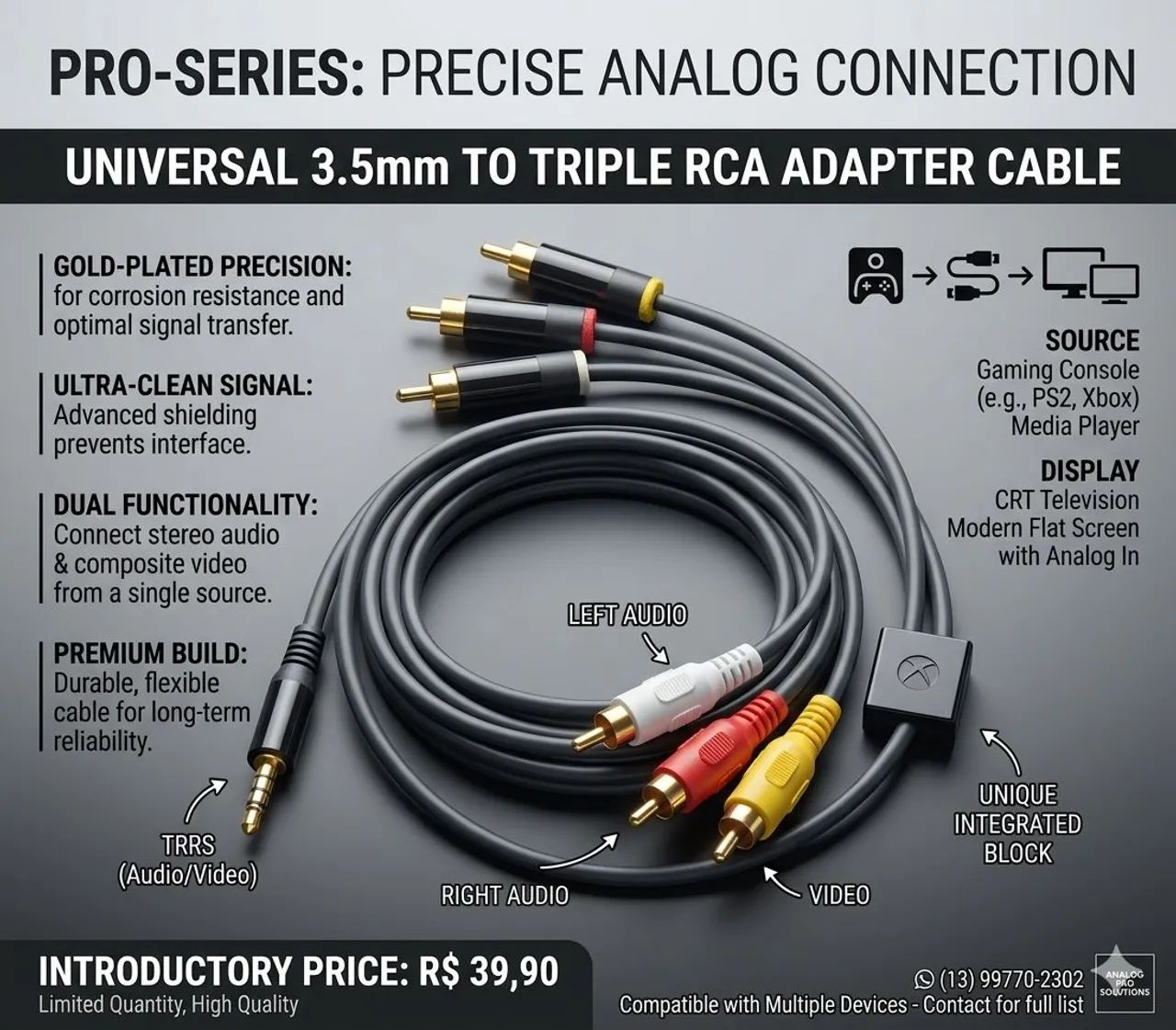 Cabo Áudio e Vídeo Original Xbox 360 - P2 para 3 RCA (Microsoft)