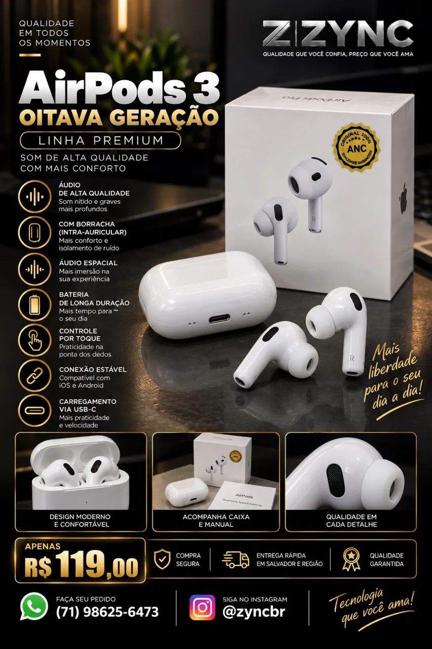 FONE AIRPODS 3 - 8 GERAÇÃO LINHA PREMIUM - Fones de Ouvido
