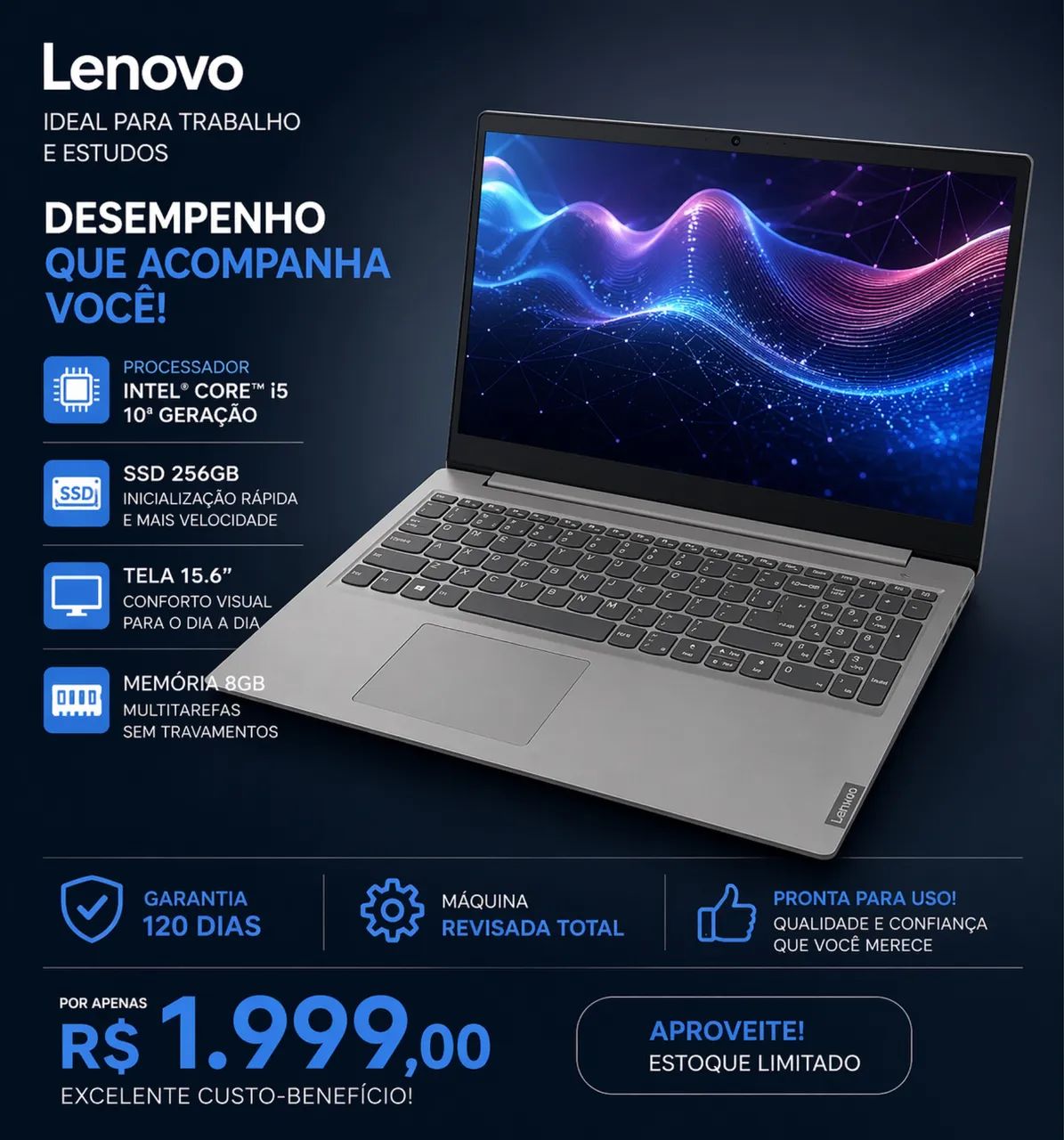 Notebook Lenovo i5 10 the impecável SSD 256 8giga garantia 120