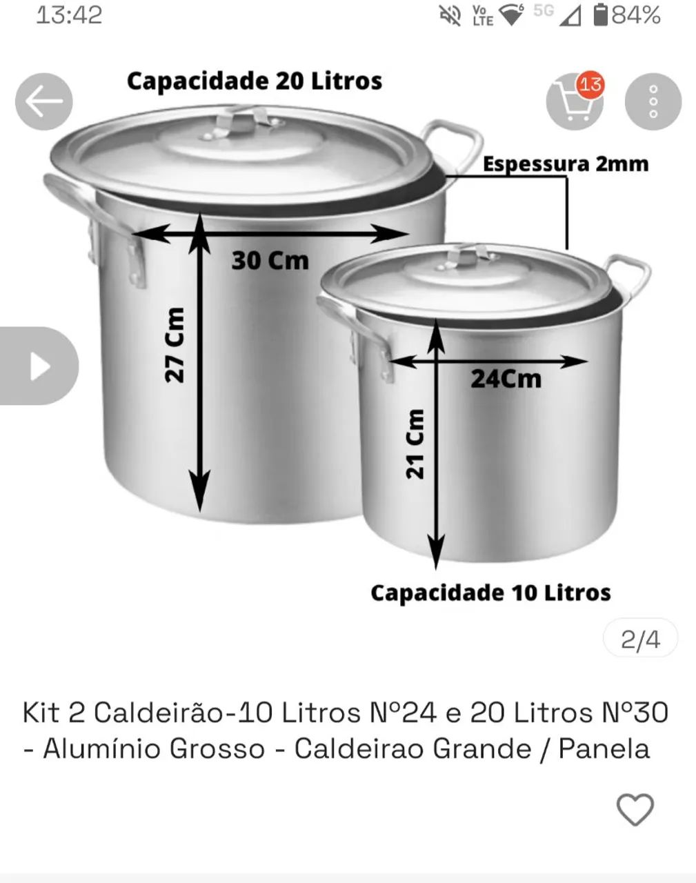 Kit 2 caldeirão 10 e 20 litros
