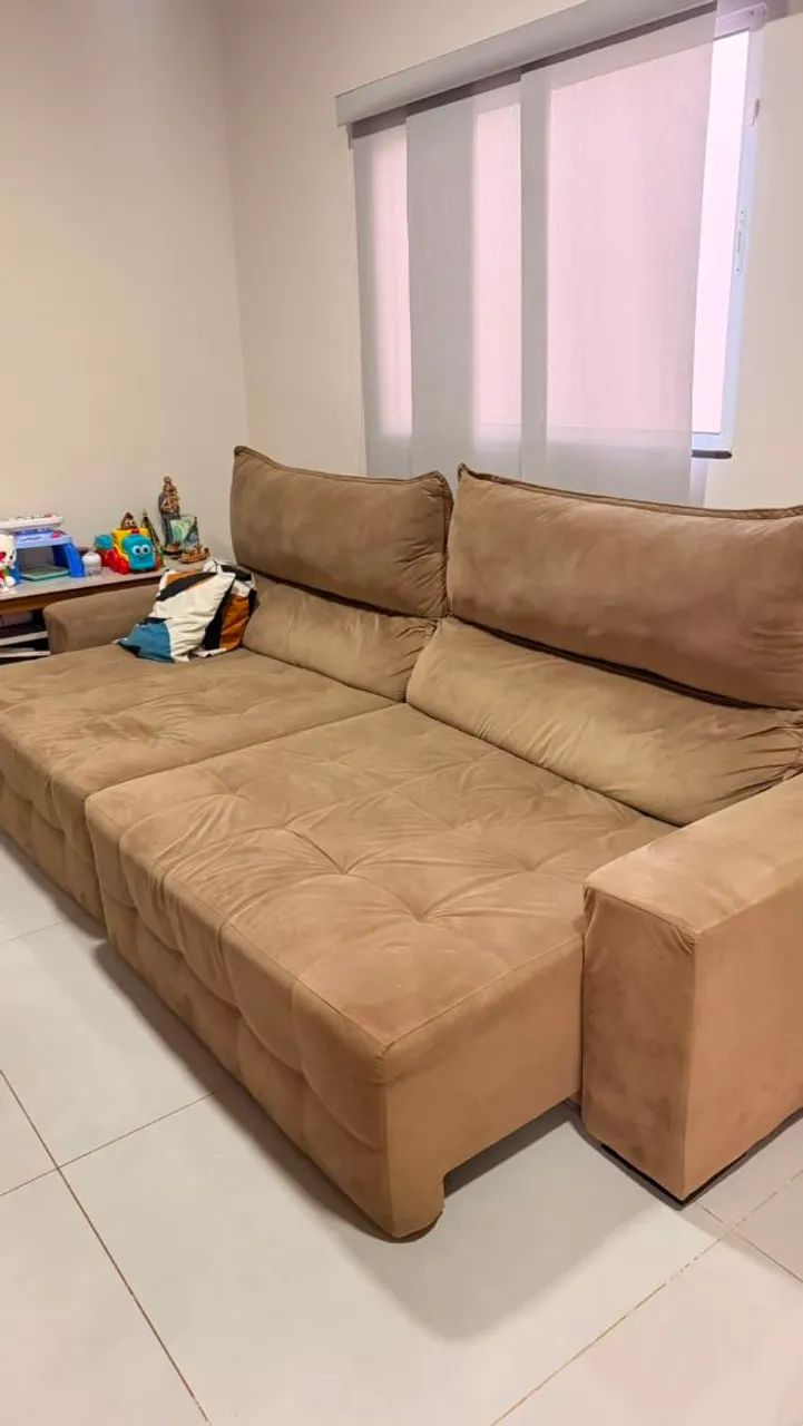 Sofá Retrátil Reclinável 290cm Suede Camurça Bege 