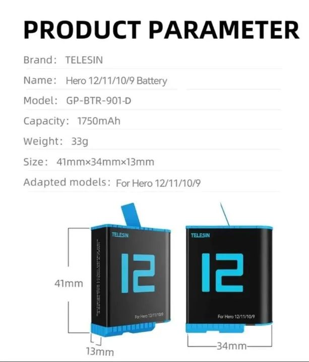 Go Pro Baterias p/ modelos (9/10/11/12) e (5/6/7/8) Primeira Linha Telesin (Gopro) - Foto 2