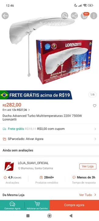 Ducha Elétrica Lorenzetti Advanced Turbo 220V