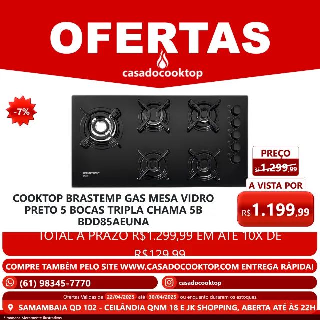 Cooktop Brastemp Gás Mesa Vidro Preto 5 Bocas Tripla Chama