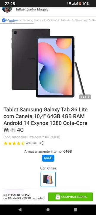Tablet Samsung Galaxy Tab S6 Lite 10.4'' 64GB - Novo com garantia 