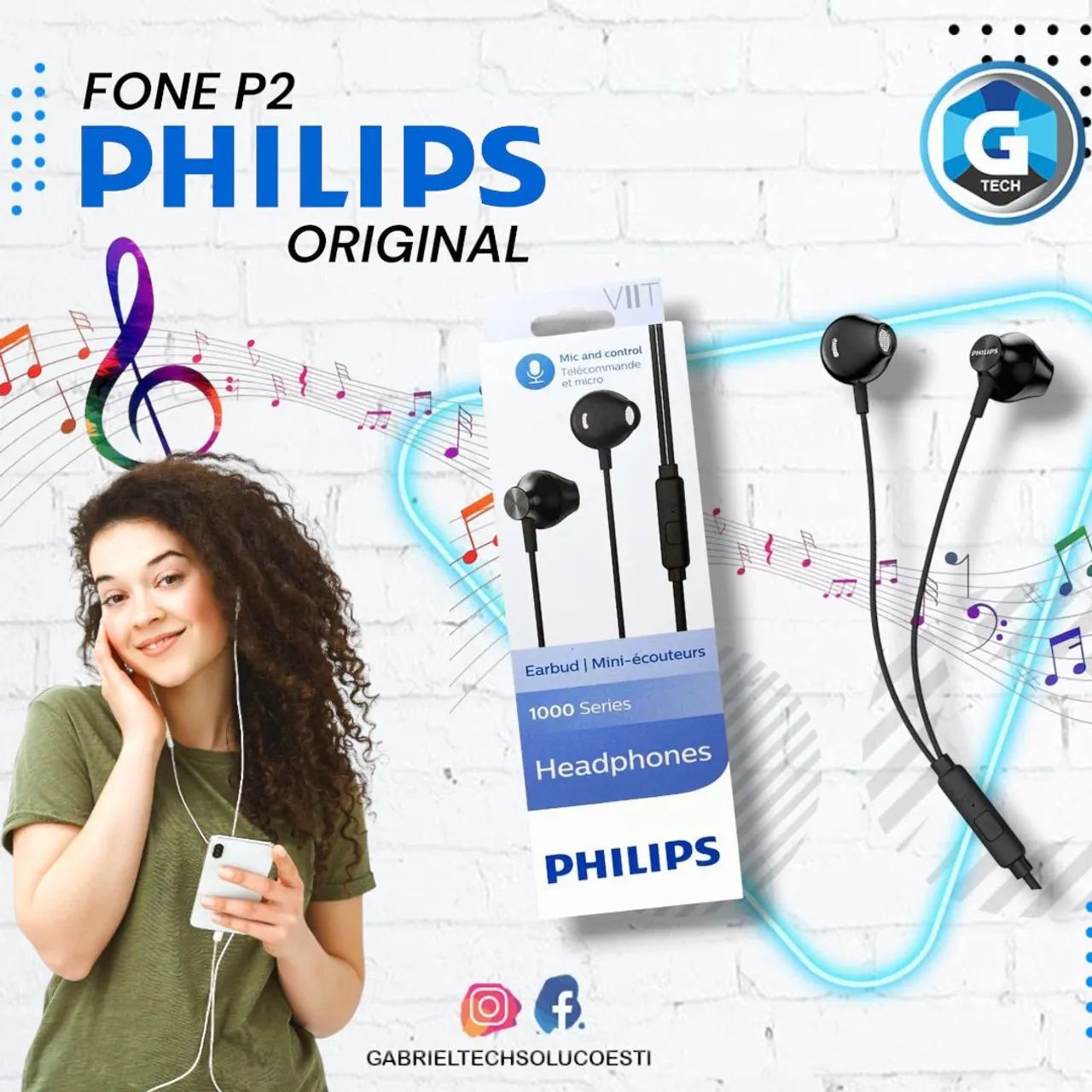 Fone de Ouvido Philips Intra Auricular com Microfone, Fio, Original #Gtech