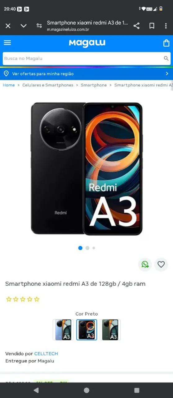 Smartphone Xiaomi Redmi A3 128gb 4gb Ram Preto
