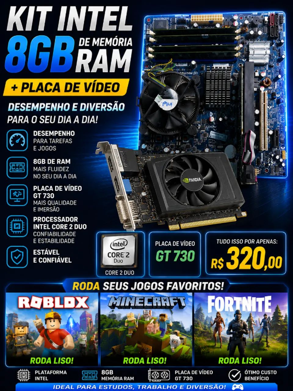 Kits placa mãe + placa de vídeo core 2 duo, 8GB de Ram