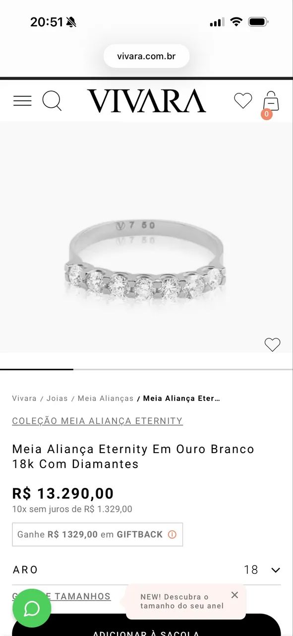 Meia Aliança Eternity Em Ouro Branco 18k Com Diamantes Vivara