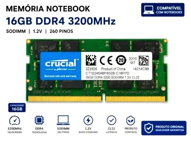Memória DDR4 16Gb SODIMM Crucial* - Memória RAM - Centro, São José