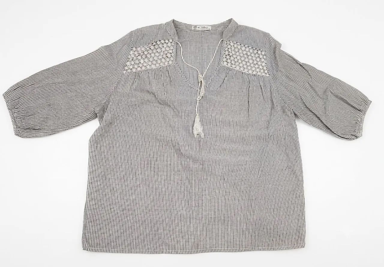 Bata Blusa Listrada Boho Chic Linho/Algodão Detalhe Renda