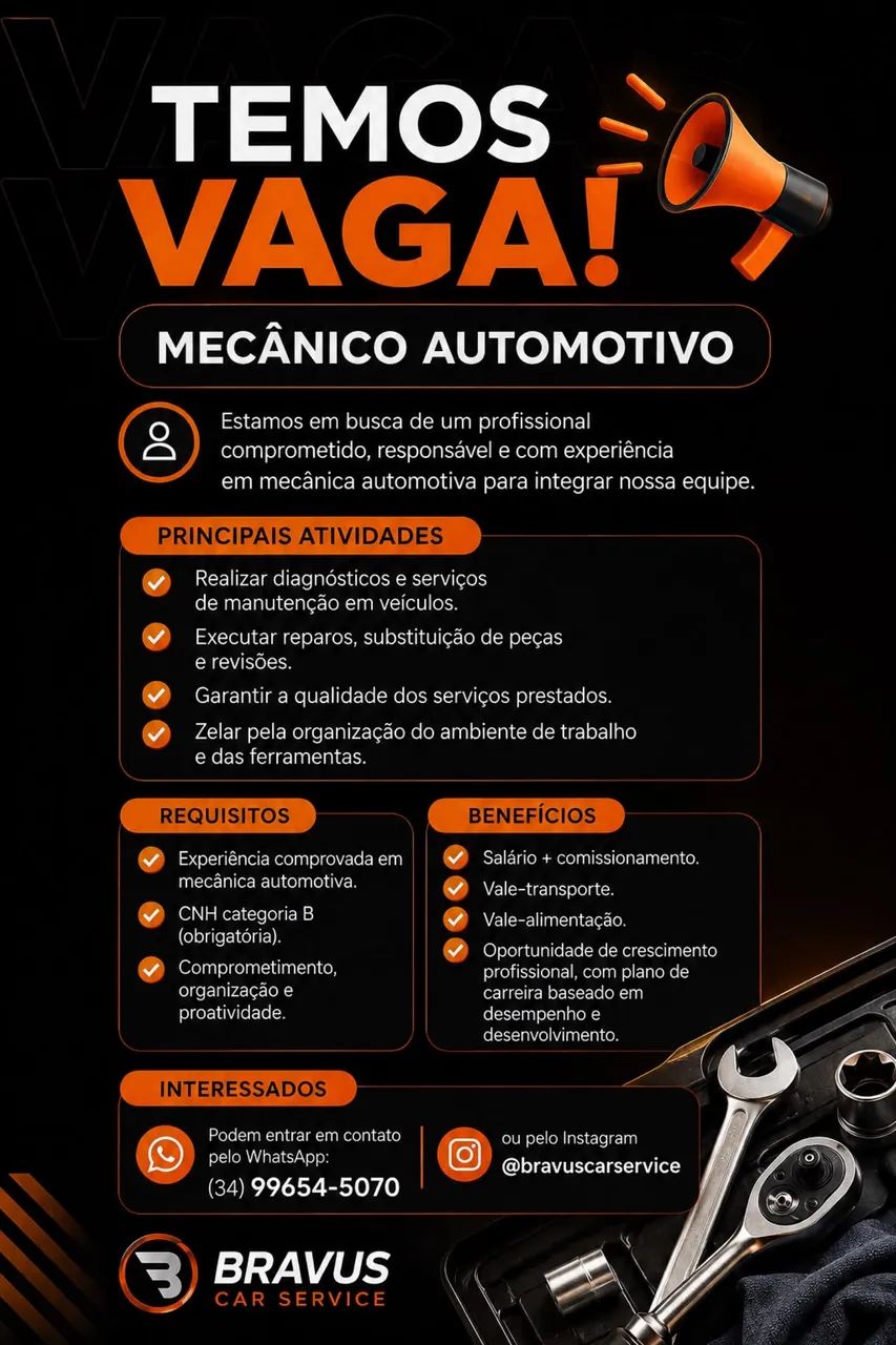 VAGA PARA AUXILIAR DE MECÂNICO