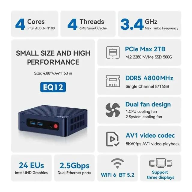 Beelink Mini PC EQ12, 16gb Memória RAM DDR5, NVME 512gb, Intel