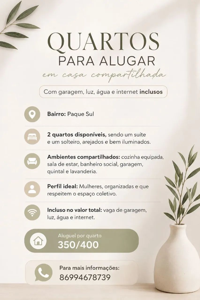 Quartos disponíveis casa compartilhada