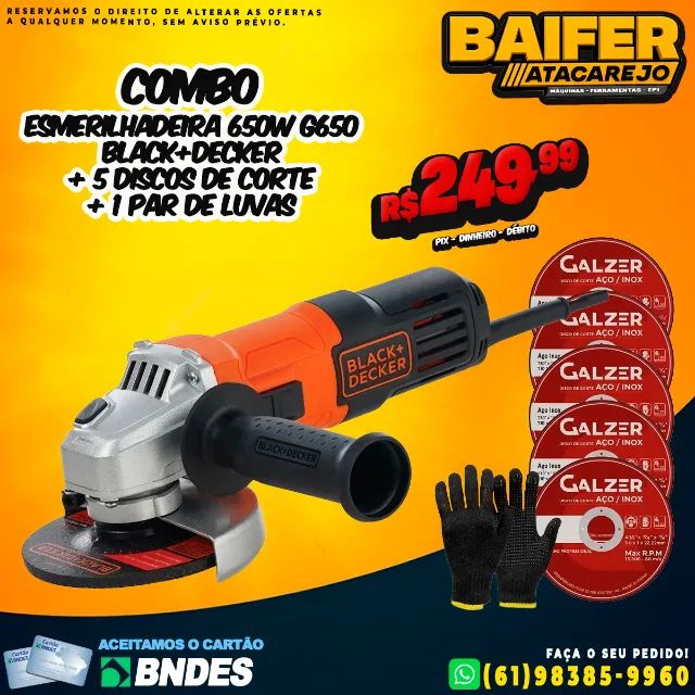 Esmerilhadeira 650w G650 Black+Decker + 5 Discos de Corte + 1 Par de luvas