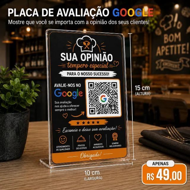 Placa Google Avaliação QR Code em Acrílico 15x10 cm | Personalizada | R$ 49