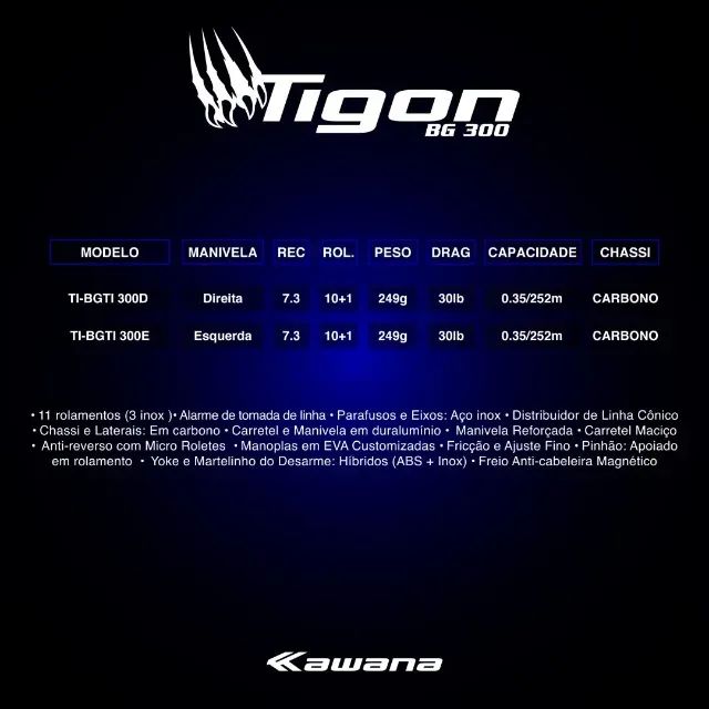 Carretilha Tigon BG 300 (Big Game) drag 13kg lado esquerdo (nova na caixa) - Foto 6