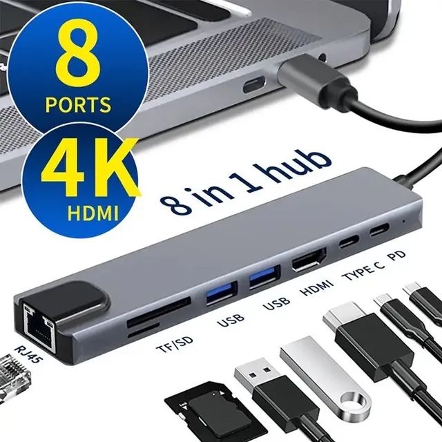 Hub adaptador 8 em 1 Tipo-C, para MacBook, IPad, notebook