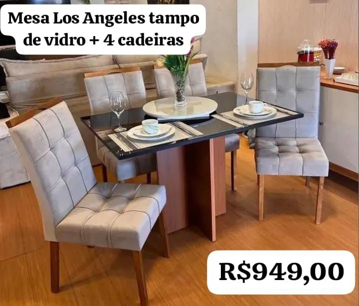Mesa Los Angeles tampo de vidro + 4 cadeiras